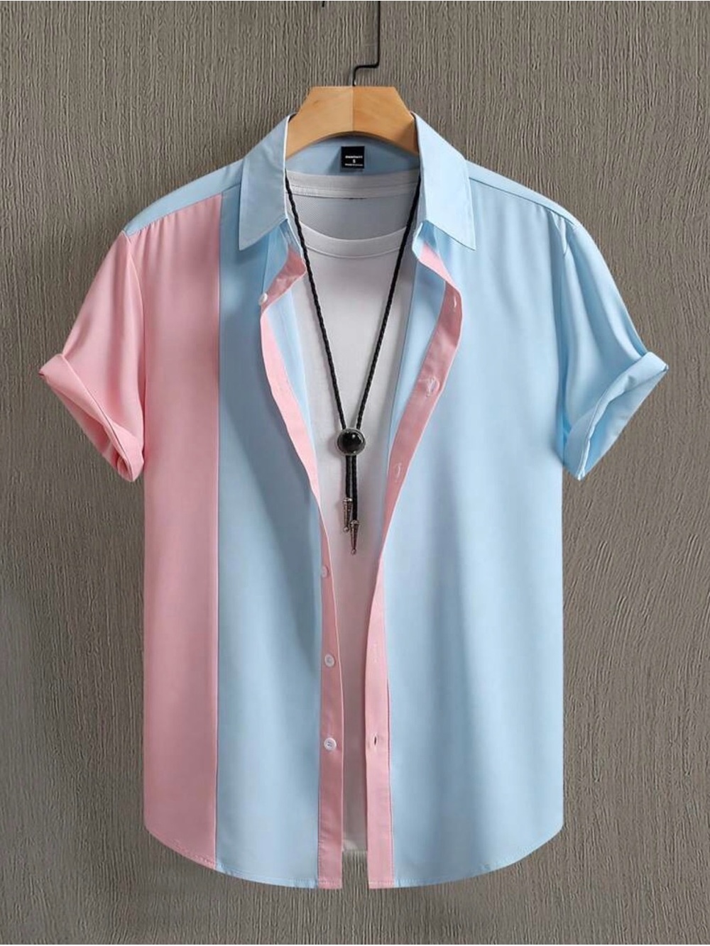 MANFINITY Colorblock Button Up Shirt XXL Blue Pink Short Sleeve Casual